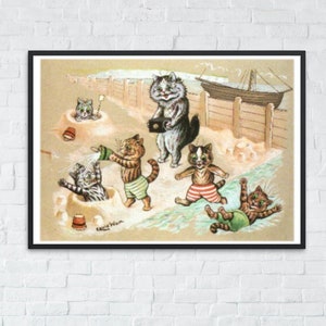 Seaside Joys Louis Wain | Art mural chat | Illustration de décoration de chat vintage, peinture sans cadre