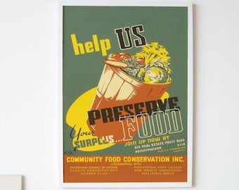 Propaganda Print Poster Reproduction | Help US Preserve Food! | Kitchen | Vintage | Wall Art Hanging | Unframed | Decor| Victory War Garden