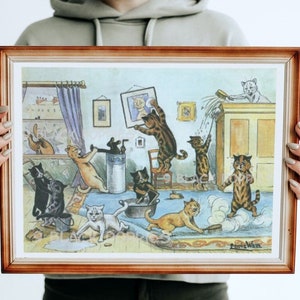 Impresión de Louis Wain, arte de pared, decoración, sala de estar, dormitorio, cocina, guardería, niños, limpieza de primavera, pintura de ilustración vintage sin marco