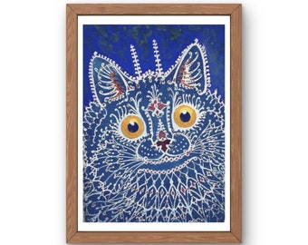 Louis Wain Cat Print | Wall Art Hanging Decor | Abstract Psychedelic | Blue Colorful Gift for Cat Lovers | Vintage Painting | Unframed
