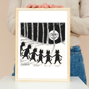 May include: Black and white illustration of five cats walking in a line through a forest, holding paws. The moon is a smiling face in the background.