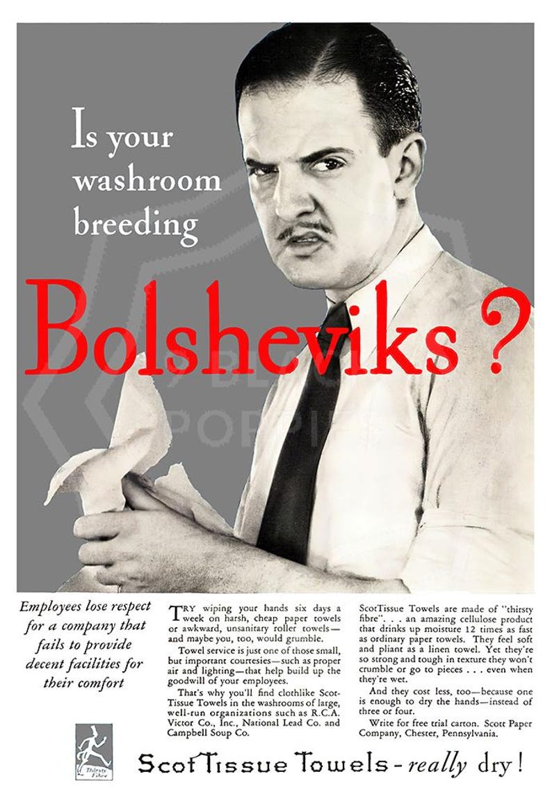 Is Your Washroom Breeding Bolsheviks? | Vintage Propaganda Wall Art | Art Print Poster Reproduction | Communism Socialism | Decor | Unframed Grey