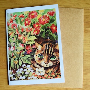 Louis Wain Carte de vœux Chat Notecard Carte de note vierge illustration vintage Peinture Chat d’anniversaire parmi les fleurs rouges