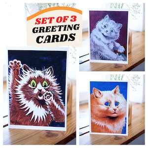 Lot de 3 cartes de voeux Louis Wain, chats souriants, carte de correspondance vierge, illustration vintage, peinture, anniversaire, merci, rétablissement