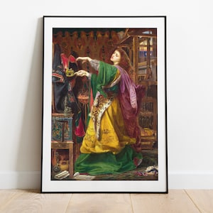 May include: A painting of a woman in a colourful robe, standing in a room with a loom and other objects. She is holding a small object in her hand and looking up.