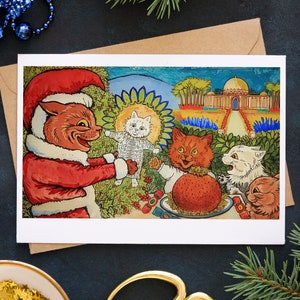 Louis Wain Weihnachtskarte für Katzenliebhaber Notecard Leere Note Karte Vintage Illustration Malerei Mistelzweig Caroling Xmas