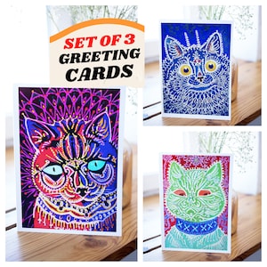 Lot de 3 cartes de voeux Louis Wain, carte de correspondance vierge chat, illustration vintage, peinture anniversaire, merci abstrait psychédélique