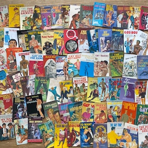 May include: A collection of vintage paperback books with colorful covers, many featuring illustrations of men. Titles include "Gay Stud," "Daddy's Boy," and "Gay on the Range." The books are arranged on a wooden surface.