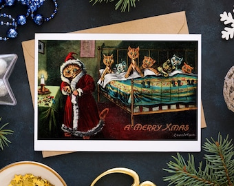 Funny Cat Christmas Card | Louis Wain | Blank Note Card | Vintage Cat Art | Greeting Card for Cat Lovers | Santa Children | Vintage Xmas |