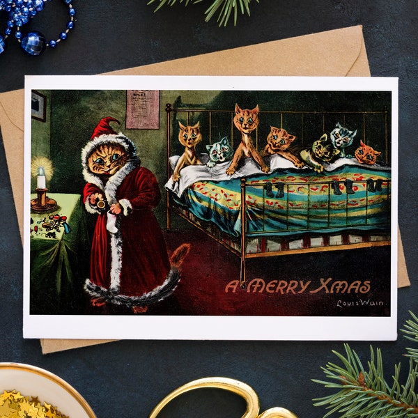 Funny Cat Christmas Card | Louis Wain | Blank Note Card | Vintage Cat Art | Greeting Card for Cat Lovers | Santa Children | Vintage Xmas |