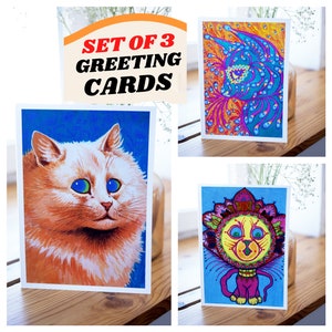 Louis Wain Tarjeta de felicitación Conjunto de 3 Cat Notecard Tarjeta de notas en blanco Ilustración vintage Pintura Cumpleaños Gracias Psicodélico abstracto