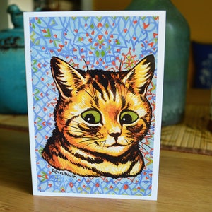 Louis Wain Tarjeta de felicitación Tarjeta de notas de gato Tarjeta de notas en blanco Ilustración vintage Pintura Cumpleaños contra papel tapiz azul