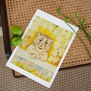 Louis Wain Carte de vœux Chat Notecard Carte de note vierge vintage Illustration Peinture Anniversaire Merci Jaune