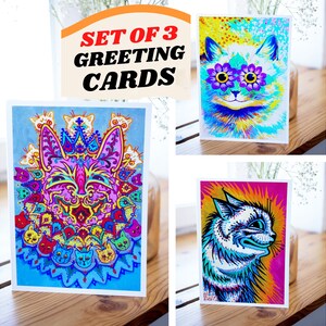 Louis Wain Carte de vœux Ensemble de 3 Cat Notecard Blank Note Card vintage Illustration Peinture Anniversaire Merci Abstrait Psychédélique