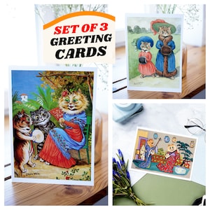 Conjunto de tarjetas de felicitación de gato de 3 Louis Wain Notecard Tarjeta de notas en blanco Ilustración vintage Pintura Cumpleaños Gracias Resumen Niños lindos