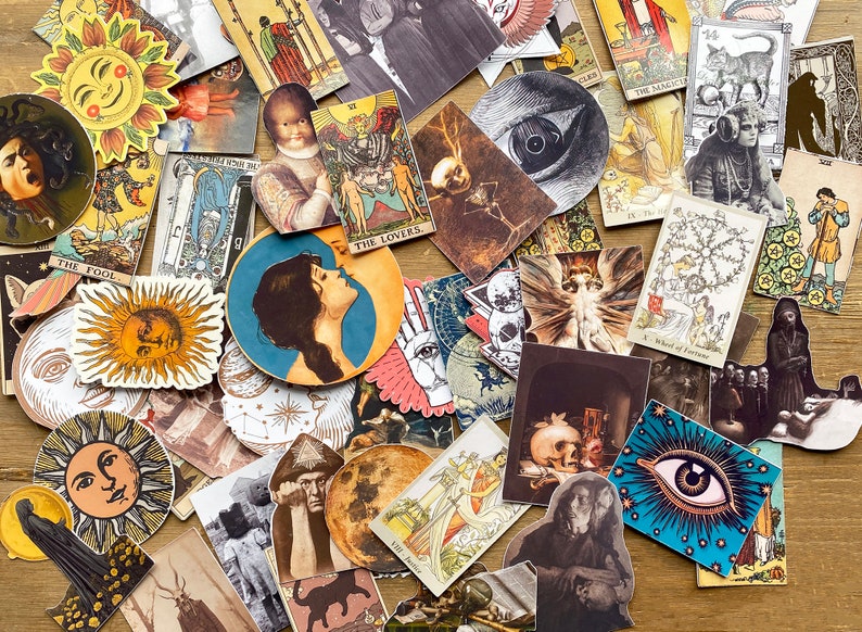 May include: A collection of colorful tarot card stickers featuring various symbols, illustrations, and text. The stickers include images of the sun, moon, eyes, and a variety of other mystical and spiritual imagery. The stickers are perfect for adding a touch of whimsy and magic to your journals, planners, laptops, or other belongings.