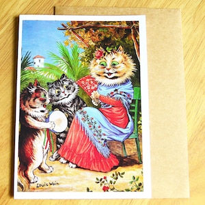 Louis Wain Carte de vœux Chat Notecard Carte de note vierge vintage Illustration Peinture Anniversaire Merci Jolie