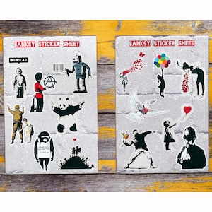 Arkusze naklejek Banksy | Błyszczący matowy winyl Kiss Cut | Grafitti Street Art | Do planera Deskorolka Album ze zdjęciami Pamiętnik Kalendarz Laptop Dekupaż