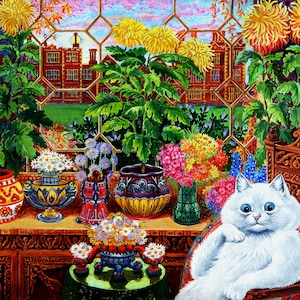 Stampa artistica del gatto botanico Louis Wain / Decorazione da appendere alla parete / Giardino di piante di fiori / Arte di gatti colorati luminosi / Pittura vintage / Senza cornice