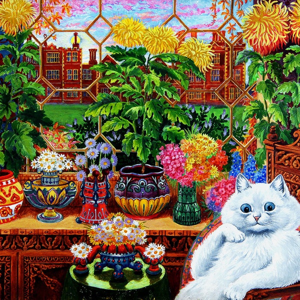 The Botanist Cat Louis Wain Art Print | Wall Hanging Decor| Flowers Plants Garden | Bright Colorful Cat Art | Vintage Painting | Unframed