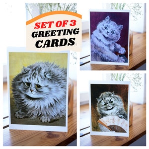 Louis Wain Tarjeta de felicitación Conjunto de 3 Fluffy Cat Notecard Tarjeta de notas en blanco Ilustración vintage Pintura Cumpleaños Gracias Felicitaciones