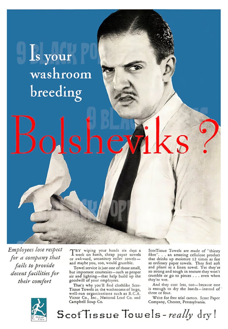 Is Your Washroom Breeding Bolsheviks? | Vintage Propaganda Wall Art | Art Print Poster Reproduction | Communism Socialism | Decor | Unframed Blue