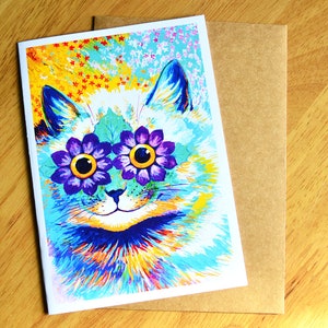 Carte de vœux de chat psychédélique | Louis Wain | Fleurs de jardin | Carte de note vierge abstraite Trippy | art vintage | Anniversaire Merci de vous rétablir |