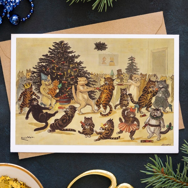 Cute Cat Christmas Card | Louis Wain | Blank Note Card | Vintage Cat Art | Greeting Card for Cat Lovers | Xmas Party | Vintage Chirstmas