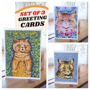 Lot de 3 cartes de voeux Louis Wain, chat, carte de correspondance vierge, illustration vintage, peinture, anniversaire, merci, félicitations