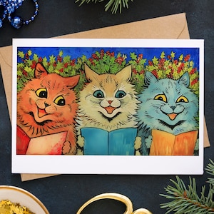 Cartão de Natal bonito do gato | Louis Wain | Cartão de nota em branco | Arte de gato vintage | Cartão para amantes de gatos | Igreja Caroling | Natal vintage |