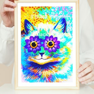 Louis Wain Katzendruck | Wand Kunst Hängen Dekor | Abstrakt Psychedelisch | Helles buntes Geschenk für Katzenliebhaber | Vintage Gemälde | Ungerahmt