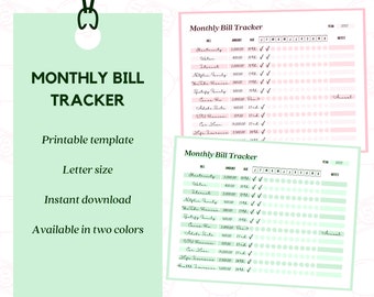 Monthly Bill Tracker Printable | Bill Payment Log | Letter-sized Bill Tracker for the Whole Year