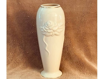 Vintage Lenox Ivory Porcelain Rose Blossom 7.5" Bud Vase w/Gold Accents