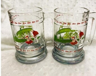 Vintage Princess House Golfing Clear Heavy Glass, Large 14oz Beer Mugs (#678)