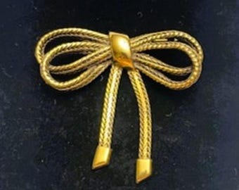 Vintage Gold Tone 2 5/8" Double Loop Tied Bow Brooch, Scarf/Lapel Pin