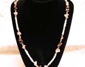 Vintage Glass Beads, Rose Quartz, Natural Polished Stone 17" Necklace