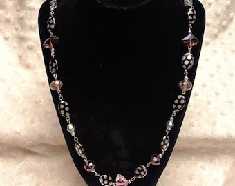 Vintage Silver Dot Stone, Pink Glass, & Iridescent Swarovski Crystal Necklace