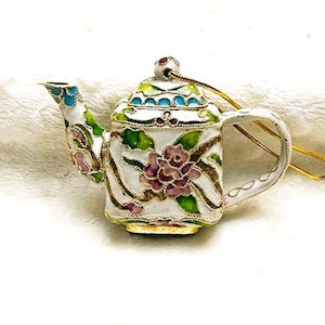 Vintage Chinese Cloisonne White Enamel Floral Mini Teapot Christmas Ornament