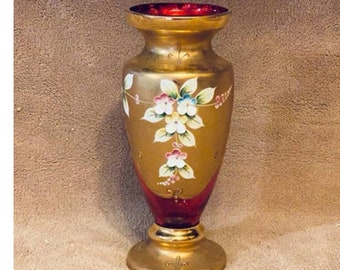 Vintage Bohemian Czech Cranberry 24K Gold Encrusted Enameled Glass Vase (1950s)