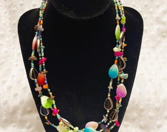 Vintage Multi-Strand, Multi-Color, Glass & Stone Beaded Choker Style Necklace