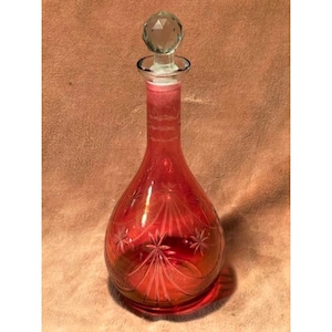 Vintage Etched Iridescent Cranberry Cut Glass Decanter w/ Lead Crystal Stopper