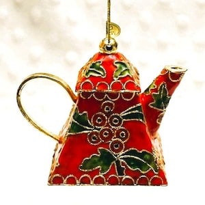 Vintage Chinese Cloisonne Enamel Holly & Greens Mini Teapot Christmas Ornament