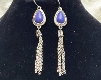 Vintage Natural Lapis Lazuli, Silver Plated, Tear Drop Shaped, Dangle Earrings