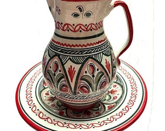 Vintage Spanish Talavera Handpainted Ceramic Large Jug Serving Pitcher & Platter