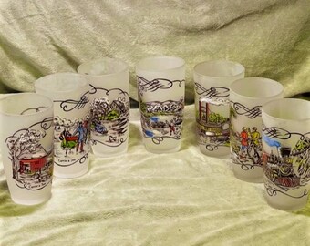 Vintage Currier & Ives 12oz Frosted Glassware- Set of 7 (1950s)