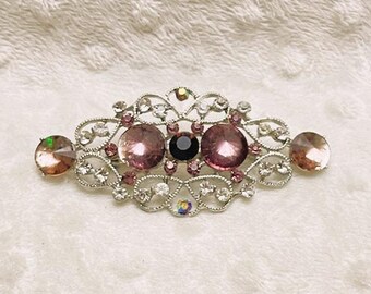 Vintage Czech Silver Filigree Brooch w/ Shades of Pink & Clear Crystal Accents