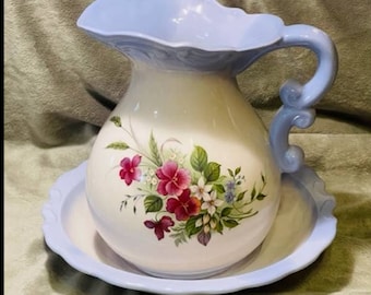 Vintage Floral Handpainted Porcelain Pitcher, Matching Wash Basin