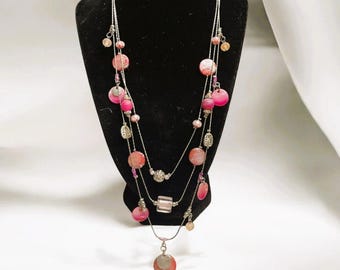 Vintage Multi-Strand Silver & Shades of Pink Beaded Necklace