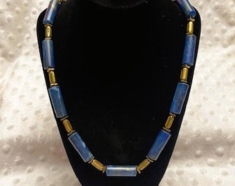 Vintage Handcrafted Blue & Gold Tube Lucite Beaded 16" Necklace