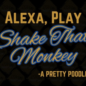 May include: A graphic design with the text "ALEXA, PLAY Shake That Monkey - A PRETTY POODLE" in gold and blue lettering. The background is black with a diamond pattern.